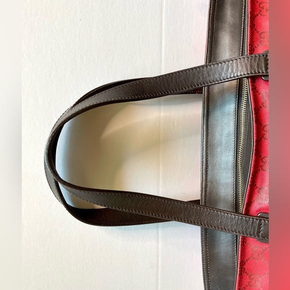 Gucci Red GG Canvas Tote Bag with Brown Leather Trim Corners Shopper Authentic - Picture 11 of 16